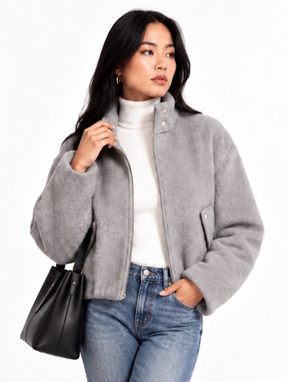 BERNARDO Hairy Crop Jacket Light Grey Oversized Women’s Size Medium NWT